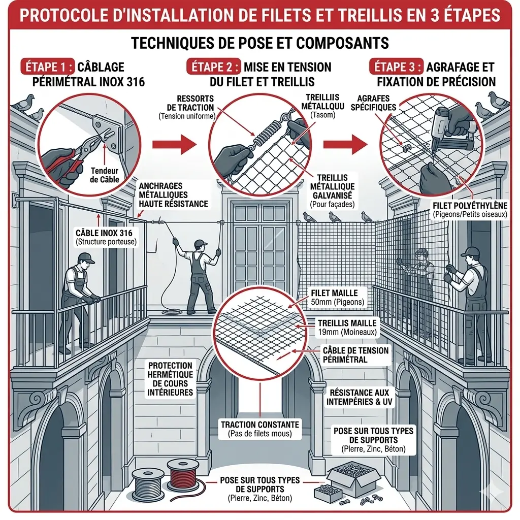 Protocole d'installation de filets et treillis en 3 étapes - SOS Pigeons